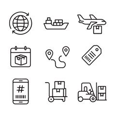 Logistics icons featuring global shipping, cargo ship, air freight, delivery calendar, route tracking, shipping label, tracking number, handcart transport, and forklift loading

