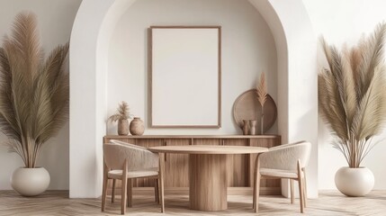 A minimalist dining area with a wooden table and beige chairs.