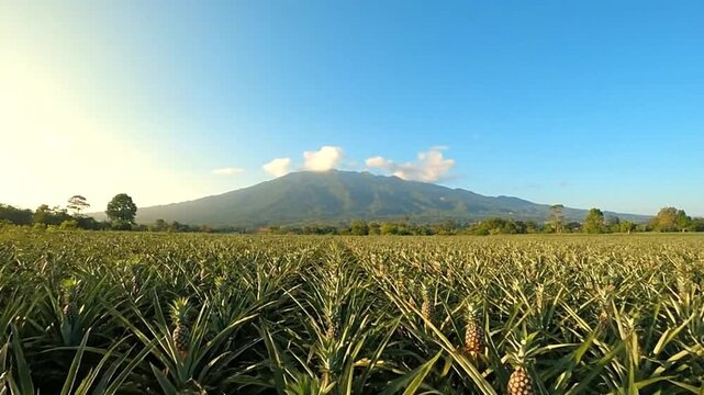A pineapple field stretches to a mountain under a blue sky