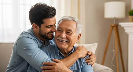Fototapeta premium Happy son lovingly embraces his happy elderly father, showcasing their strong family bond and shared happiness
