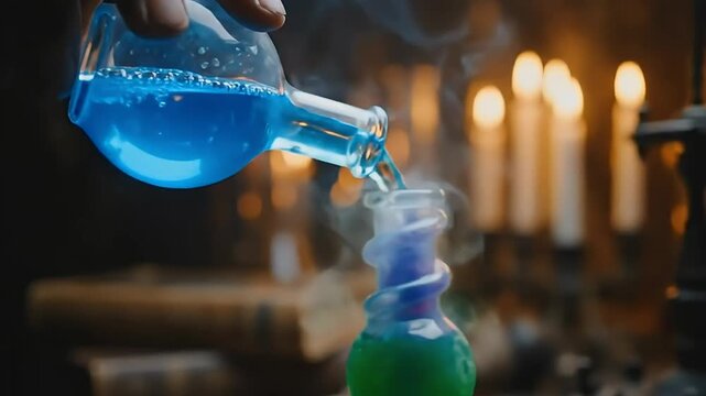 A skilled alchemist meticulously pours a vibrant blue potion into a green glass container.