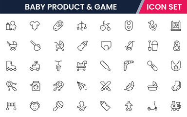 Baby Product and Game vector web line icon collection, sleek illustrations of toys, bottles, cribs, games for playful, nurturing designs.
