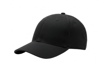 A plain black baseball cap with a curved brim and a fitted crown, presented in a studio shot isolated on a transparent background