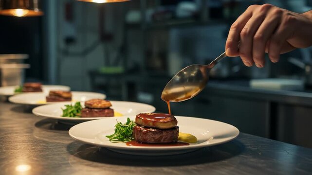 Fine dining: Chef pours rich sauce over beef tenderloin with foie gras at a restaurant, preparing an exquisite meal.