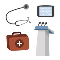 Health conference equipment featuring stethoscope, medical kit, podium, and monitor for discussions on public health strategies. Isolated vector illustration in flat style on white background.