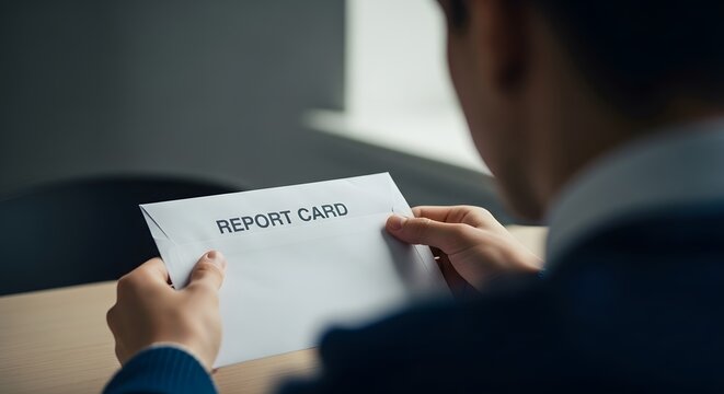 Young Professional Holds Report Card, Reflecting on Academic Performance and Future Career Prospects. A Moment of Truth in Educational Journey.