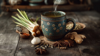 Lemongrass tea being served in Thai-style ceramic cup.