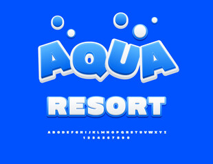 Vector Playful Promotion Aqua Resort. Bright White and Blue Font. Cool Alphabet Letters and Numbers set. 