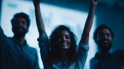 Obraz premium Excited team celebrates campaign success with data visualizations in the background