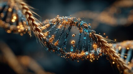 Luminous spiral of DNA wrapped around a cereal stalk, radiating health and energy through glowing carbs