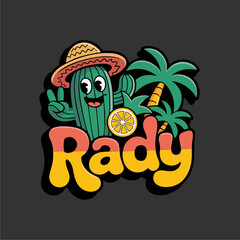 Cheerful cartoon cactus with a hat, lemon, and palm trees, displaying peace.