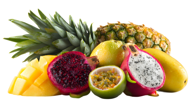 Tropical fruits pineapple papaya mangosteen dragon fruit passionfruit mango carambola guava granadilla isolated on a white background