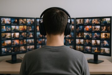 Fototapeta premium Young man watching multiple computer screens with video call images in a dark room.
