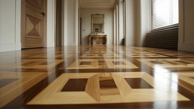 Stylish wooden flooring with geometric pattern in modern hallway. New parquet floor installation  
