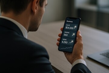 Business professional analyzing sales and performance data on smartphone screen.