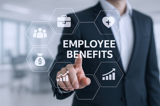 Modern business professional touching virtual employee benefits icons in contemporary office. - Powered by Adobe