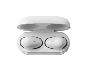 4 - True Wireless White Earbuds with Charging Case Open, Top-Down View, Isolated on Transparent Background