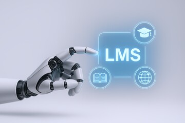 Naklejka premium Modern robotic hand interacting with digital LMS education platform interface.
