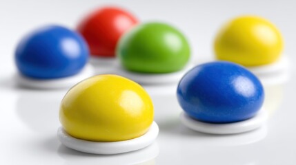 Six colorful, round, wooden buttons arranged on a reflective white surface