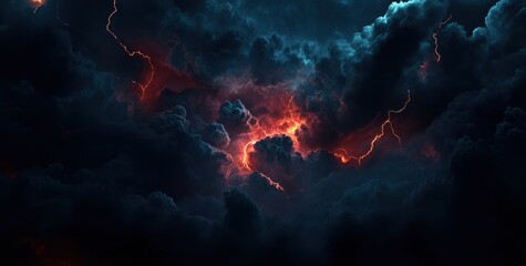 Dark, stormy sky with lightning, thunder, and dark clouds. Storm background banner design, ultra-realistic