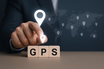 Close-up of a businesswoman's hand pointing at a location marker on digital map with GPS cubes and worldwide pins.