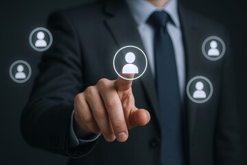 Business professional in suit pressing virtual user profile icon for digital interaction.