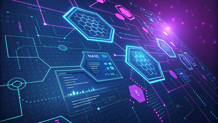 Advanced technology futuristic interface displaying digital information and neon blue lines, reflecting innovation and progress in science and cyber space