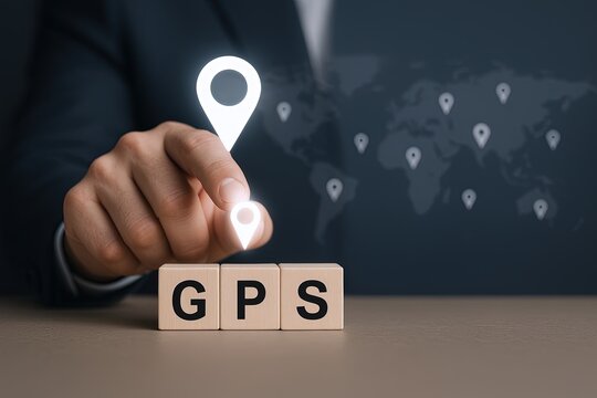 Close-up of a businesswoman's hand pointing at a location marker on digital map with GPS cubes and worldwide pins. - Powered by Adobe