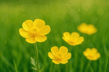 Close-up of vibrant yellow buttercup flowers blooming in a lush green meadow during rain.