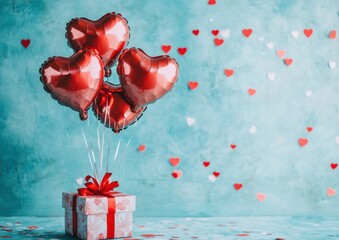 Valentine's Day background with heart-shaped balloons, gift box, and confetti on a blue backdrop. Valentine's celebration concept