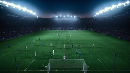 Night Time Soccer Championship Game Broadcast. Players are Attacking Opponent's Gate, But Miss the Shot. Goalkeeper Saves the Ball. Static High Angle Footage From Behind the Gate - Powered by Adobe