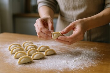 Hands Making Fresh Homemade Dumplings with Filling on Floured Wooden Kitchen Table.