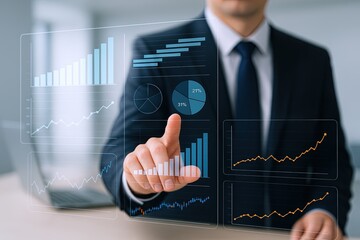Businessman using futuristic transparent touch screen digital financial data analytics interface.