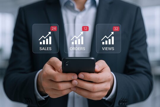 Businessman using smartphone with digital analytics icons for sales orders and views data. - Powered by Adobe