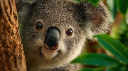 Fototapeta premium Adorable Australian koala bear portrait peering from behind tree trunk