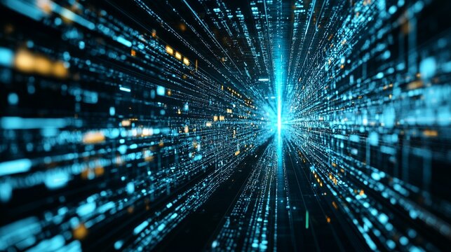 Abstract Digital Data Stream with Blue and Orange Glowing Elements