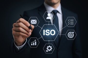 Businessman in suit drawing digital interface with ISO and management icons on dark background.