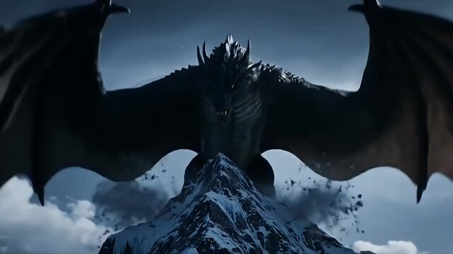 A majestic black dragon soars over a snow-capped mountain peak, wings outstretched.