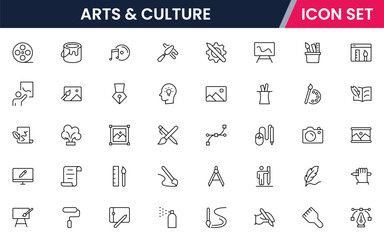 Arts and Culture vector web line icon collection, sleek illustrations of palettes, music, masks, heritage for vibrant, creative designs.