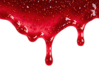 Thick, red raspberry jam with visible seeds drips slowly, creating a sweet and viscous texture, isolated on a transparent background