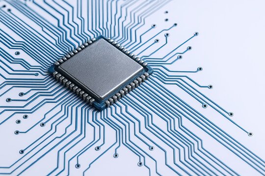 Close-up of a computer processor integrated circuit with multiple connected electronic pathways.