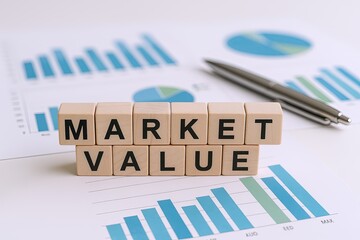 Business Financial Charts with Market Value Text Blocks and Pen on Data Sheets.