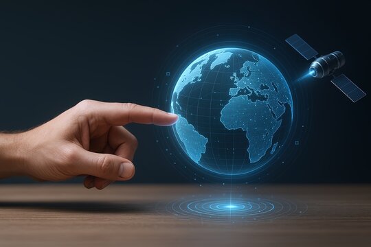 Hand pointing at holographic globe of Earth with satellite and digital interface. - Powered by Adobe