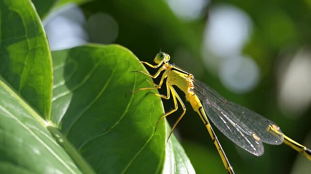 A delicate damselfly known as the Coromandel Marsh Dart perches lightly on a green blade of grass this crystal clear 4K macro showcases the vibrant yellow and black markings of this South Asian