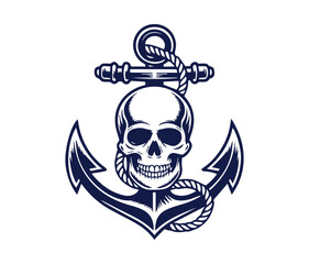nautical logo vector illustration, old english anchor with skull graphic design