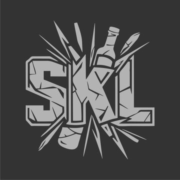 A stylized logo design featuring cracked letters SKL, a bottle, and paintbrushes, bursting outwards.