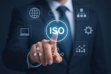 Modern business professional interacting with digital ISO certification process infographic.