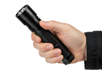 A closeup of a hand holding a black flashlight, ready to illuminate the darkness isolated on transparent background