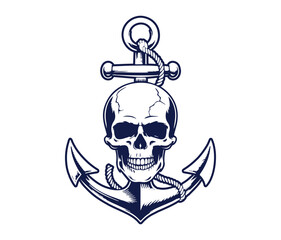 nautical logo vector illustration, old english anchor with skull graphic design