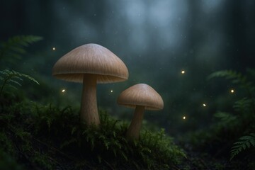 Fototapeta premium Mystical forest scene with large mushrooms moss ferns fog and glowing fireflies at night.